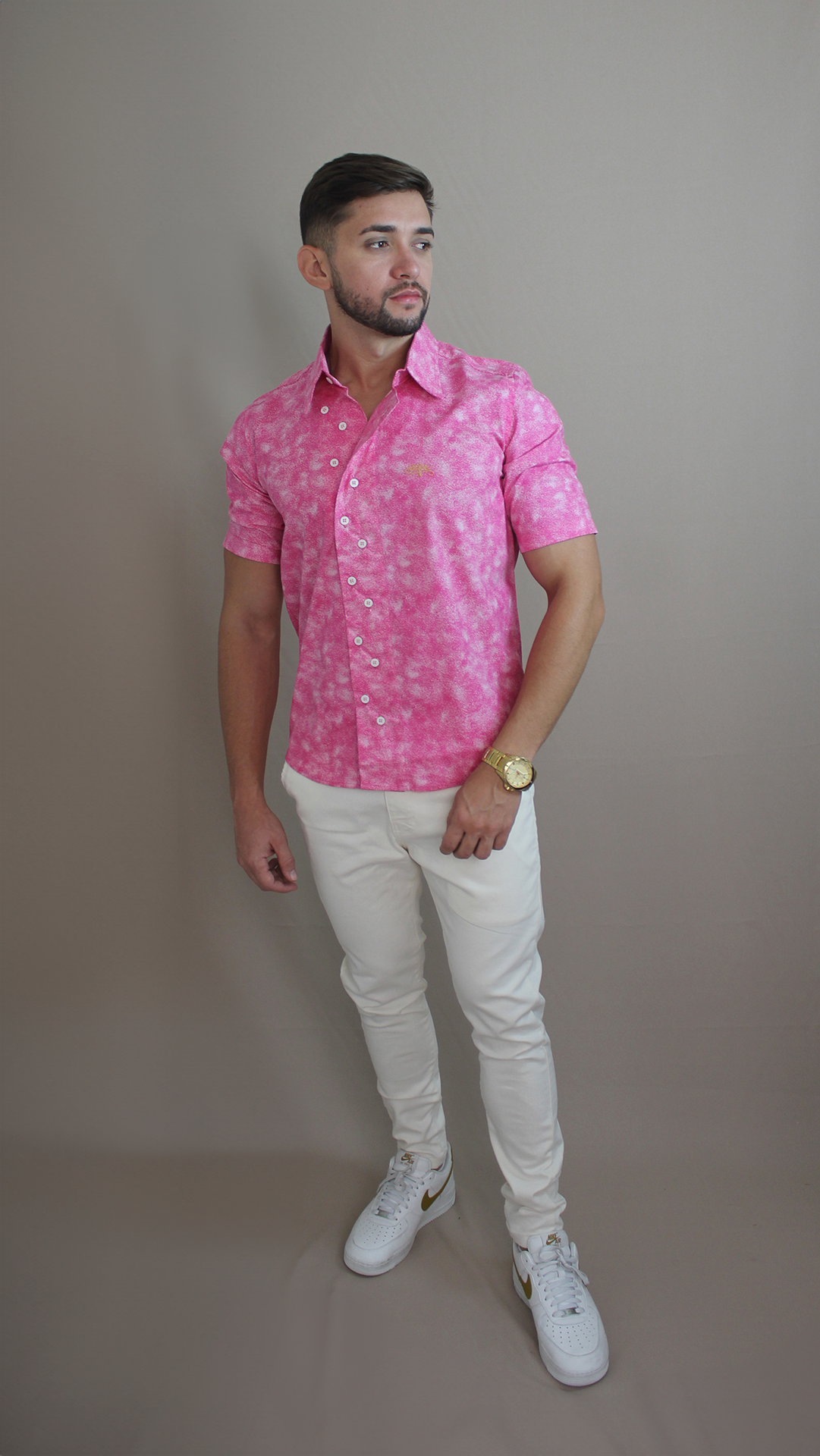 Camisa Casual Sartoria Masculina Rosa Manga Curta