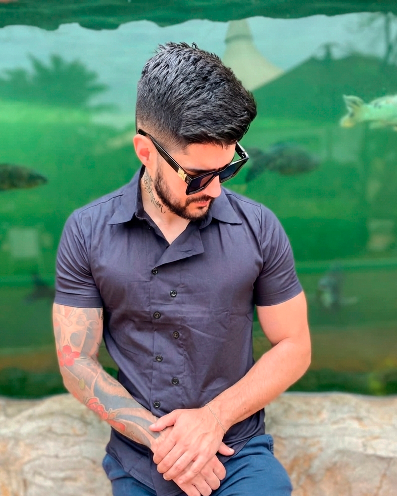 Camisa Casual Sartoria Masculina Preta Manga Curta