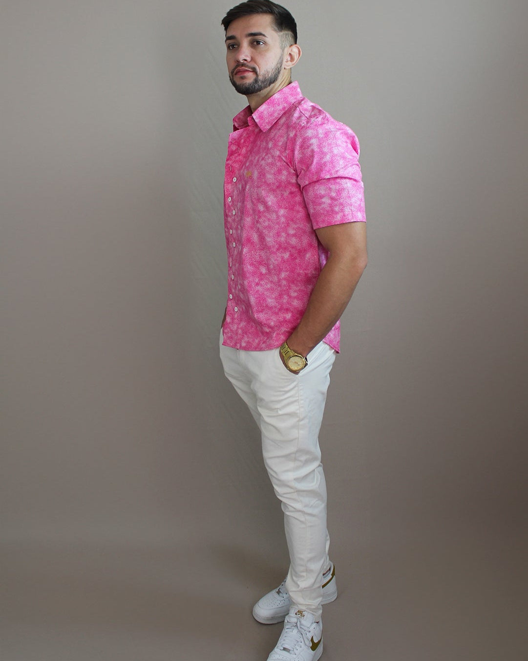 Camisa Casual Sartoria Masculina Rosa Manga Curta