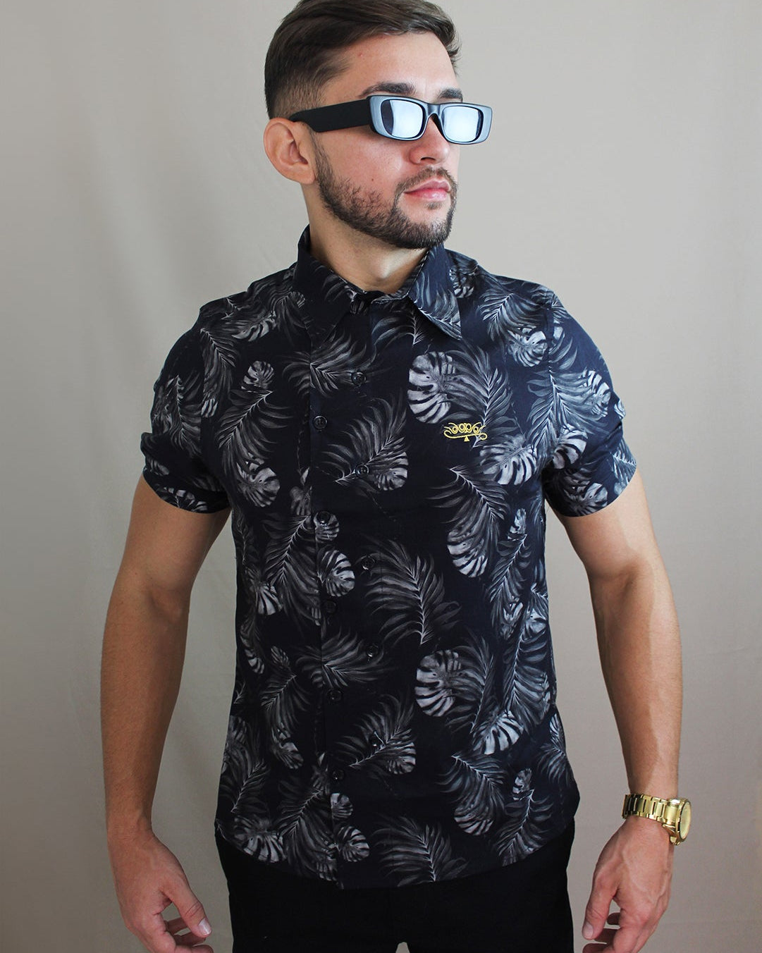 Camisa Casual Sartoria Masculina Folhas Manga Curta