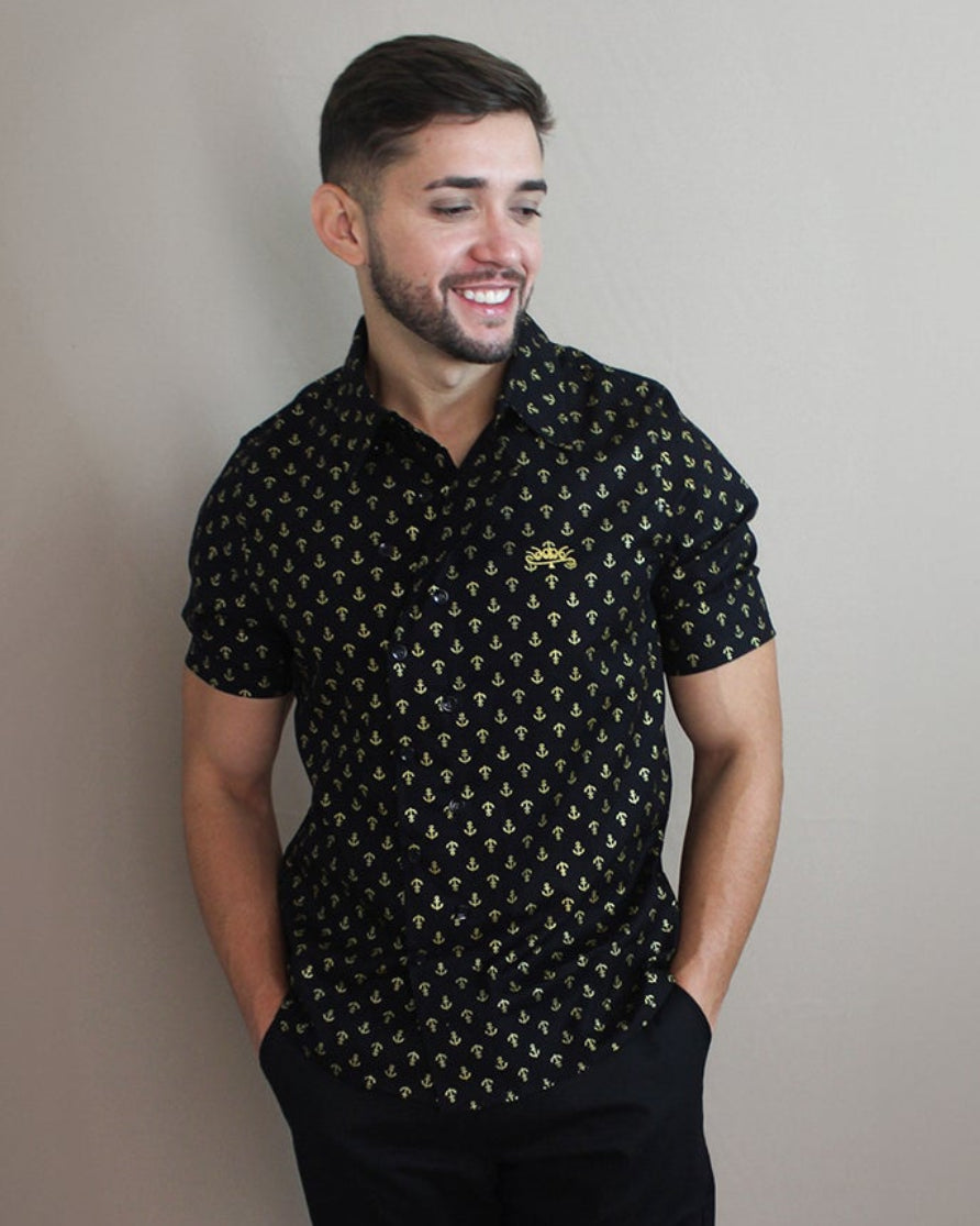 Camisa Casual Sartoria Masculina Ancoras Manga Curta