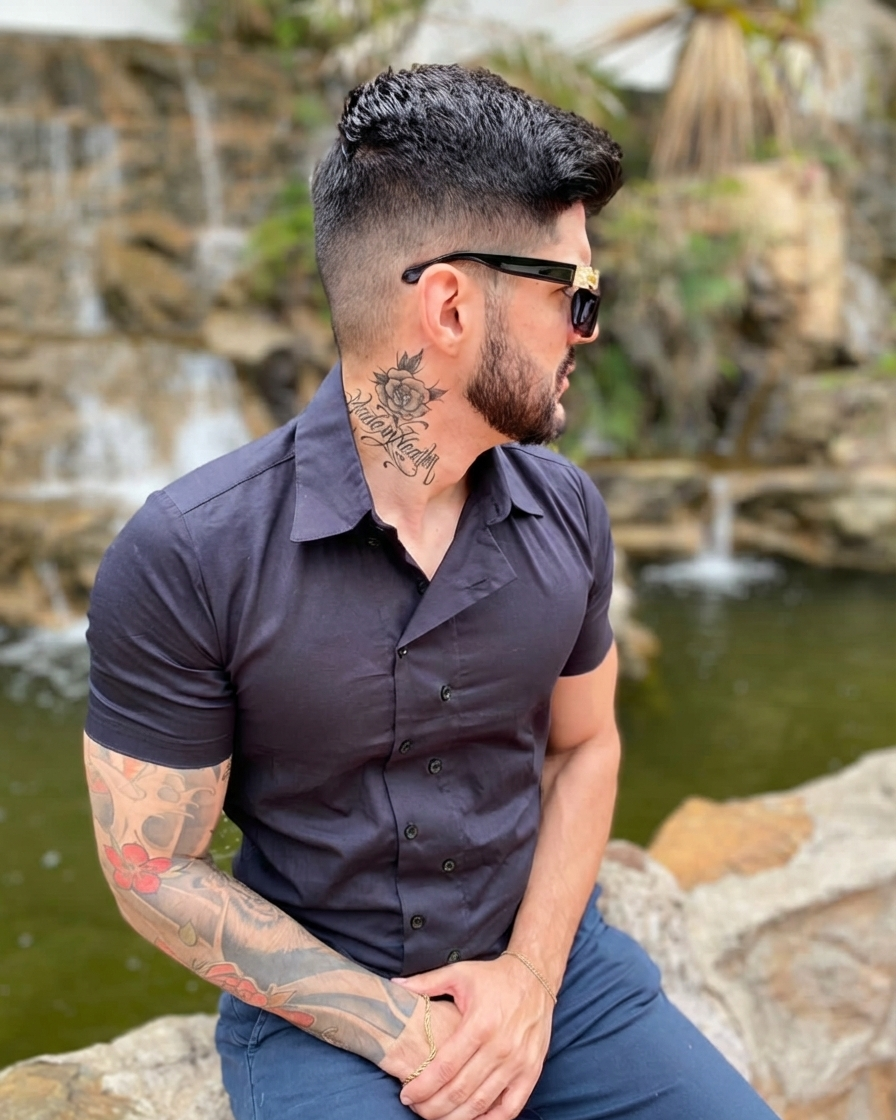Camisa Casual Sartoria Masculina Preta Manga Curta