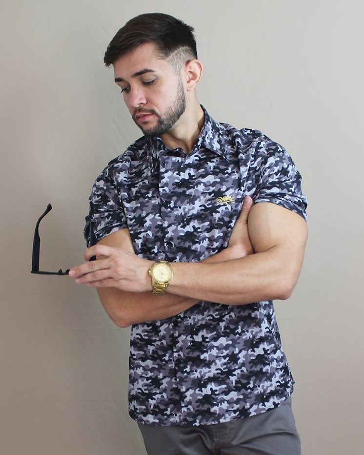 Camisa Casual Sartoria Masculina Camuflada Manga Curta