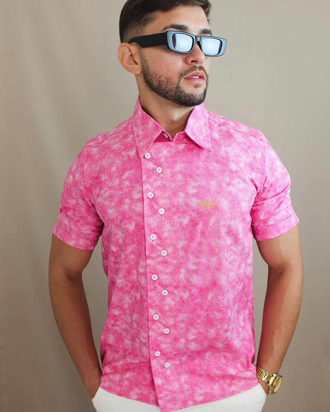 Camisa Casual Sartoria Masculina Rosa Manga Curta