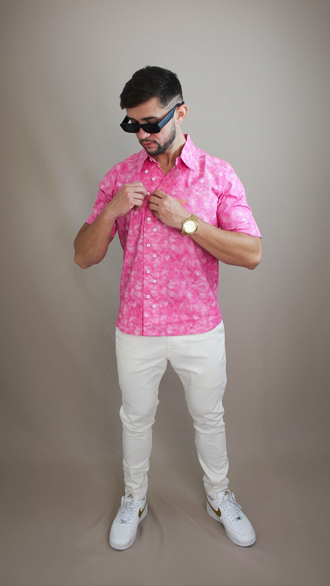 Camisa Casual Sartoria Masculina Rosa Manga Curta
