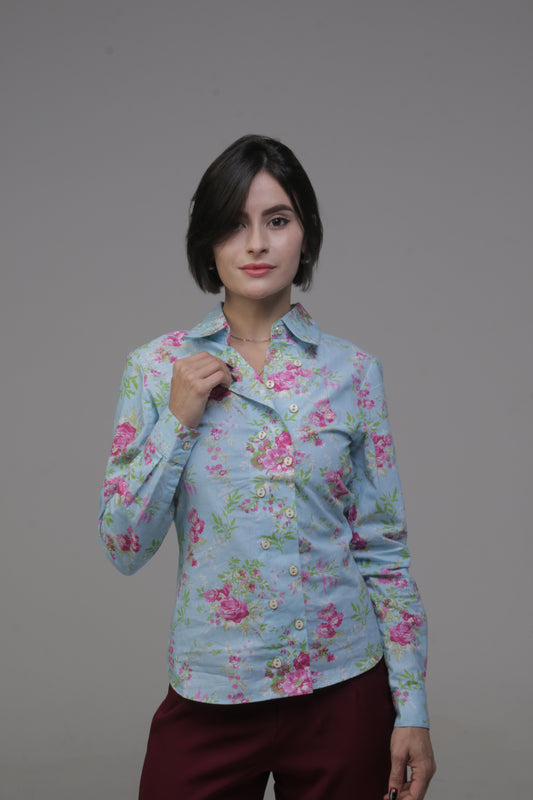 Camisa Feminina Manga Longa Azul