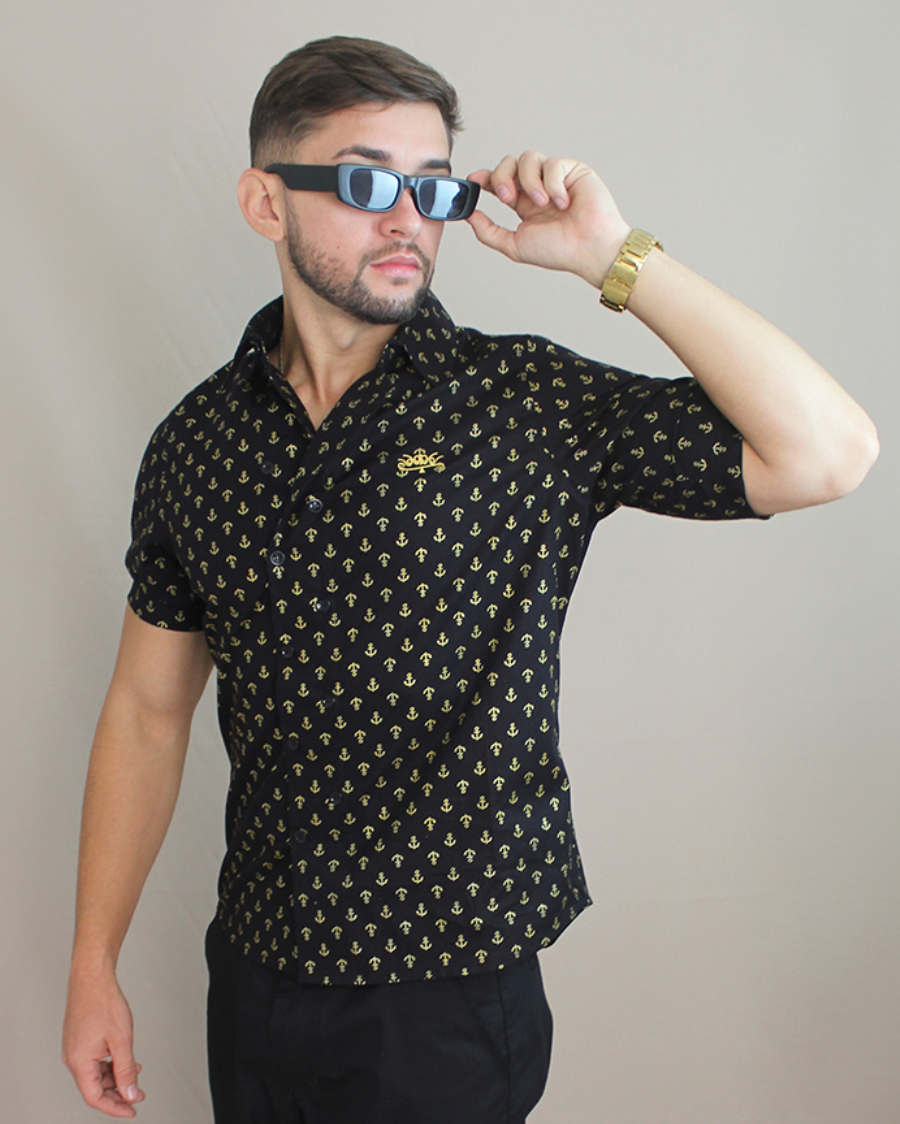 Camisa Casual Sartoria Masculina Ancoras Manga Curta