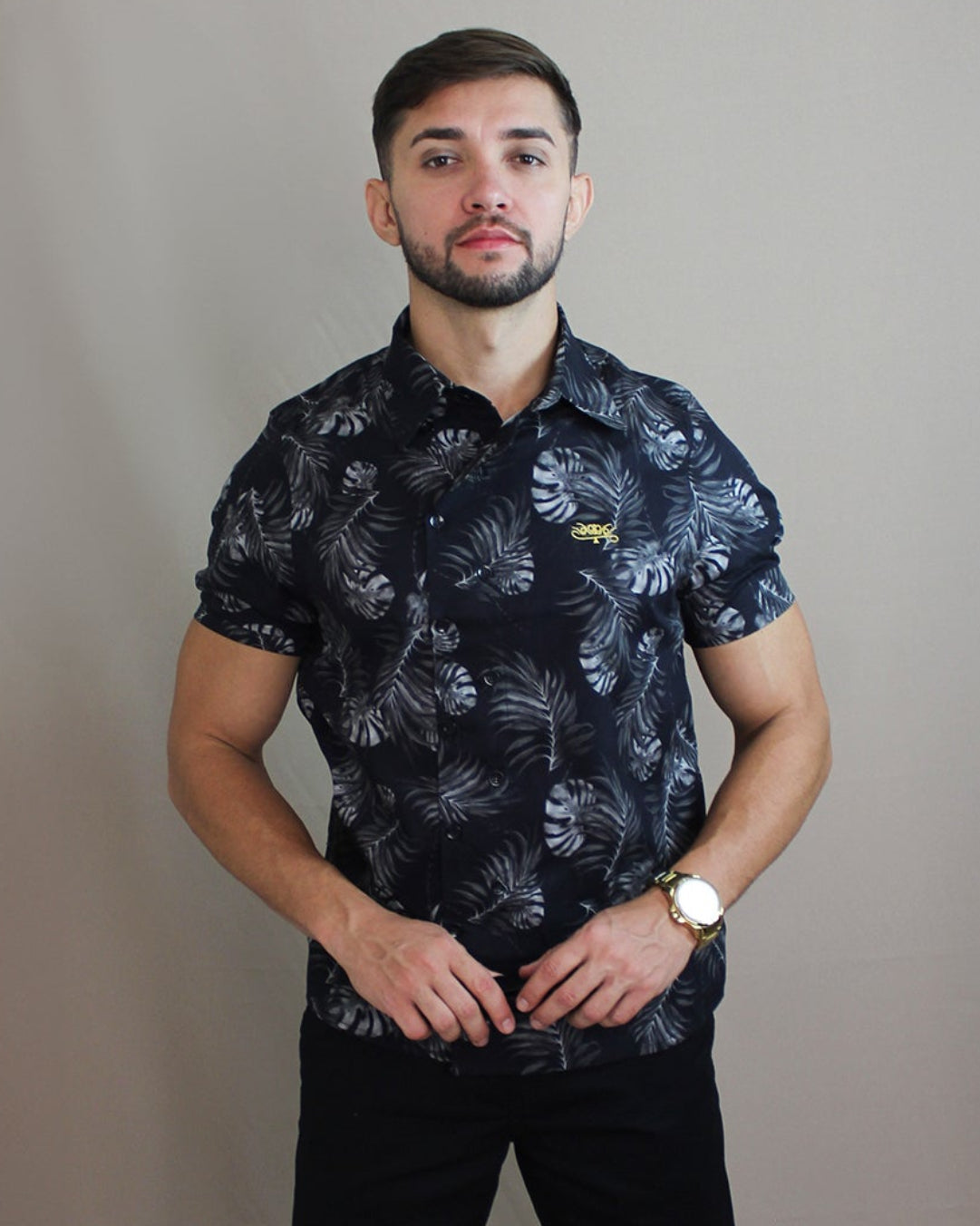 Camisa Casual Sartoria Masculina Folhas Manga Curta