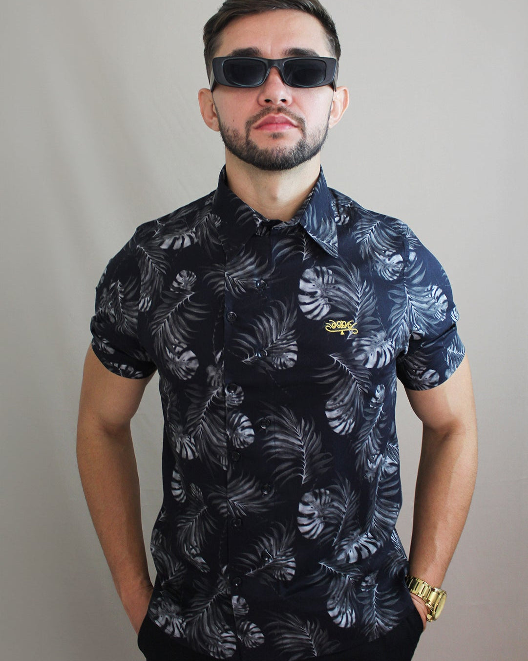 Camisa Casual Sartoria Masculina Folhas Manga Curta